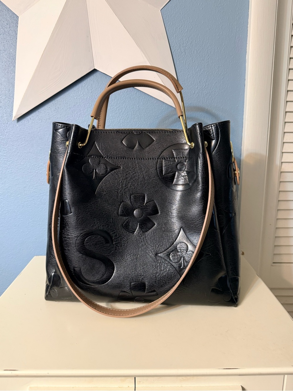 Black Embossed Tote with Tan Top Handles - Picture 2 of 4